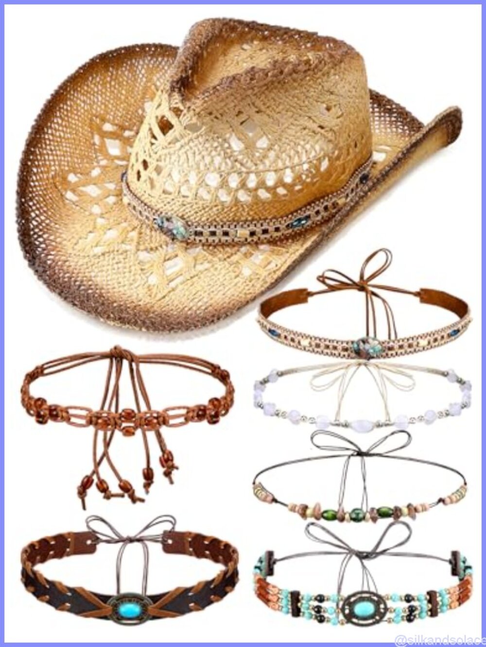 Interchangeable Cowgirl Straw Hat Set with 6 Bands Western